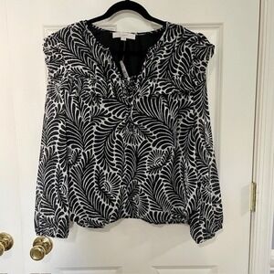 NWT LOFT Black & White Paisley Blouse Top Tunic Ruffle Sheer Long Sleeve | Med